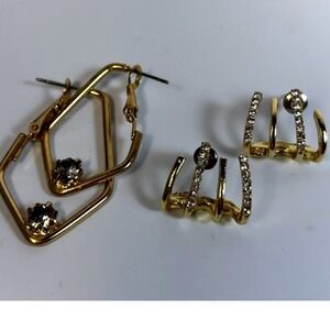 Earring Set Gold Geometric Hoops and Claw Studs Rhinestone Accent 2 Pairs